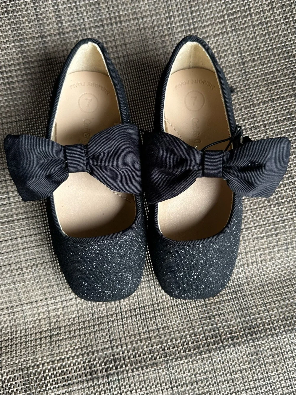 Cat & Jack Black Glitter Bow Ballet Flats - Girls Size 7 NWT